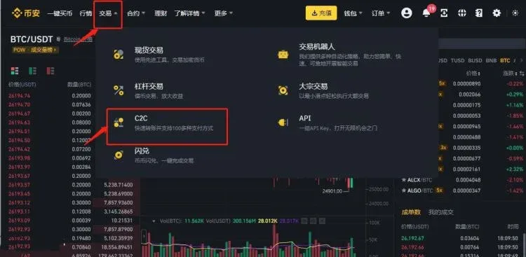 Área C2C da página de trade, selecionando a seção “Custom” para vender e escolhendo reais (CNY) como moeda de destino