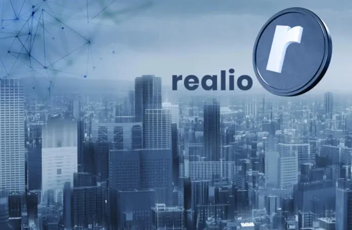 Logotipo do token RIO e ilustração da interface da plataforma Realio