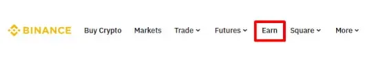 Barra de menu superior da Binance com acesso ao Earn e lista de produtos
