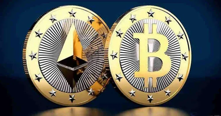 比特幣與以太坊定投收益折線圖，藍線比特幣略高