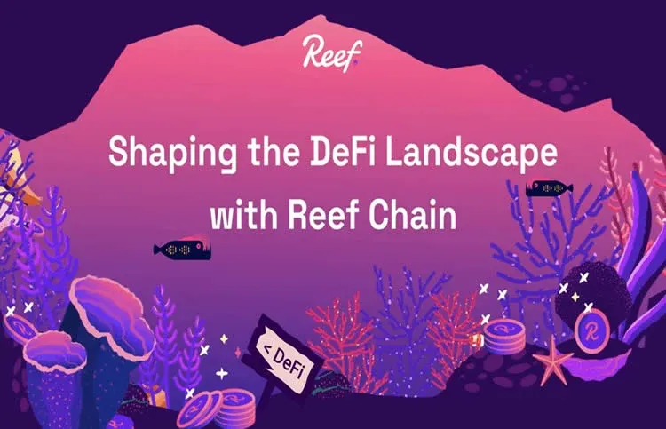 Logotipo da Reef Finance e diagrama da rede blockchain