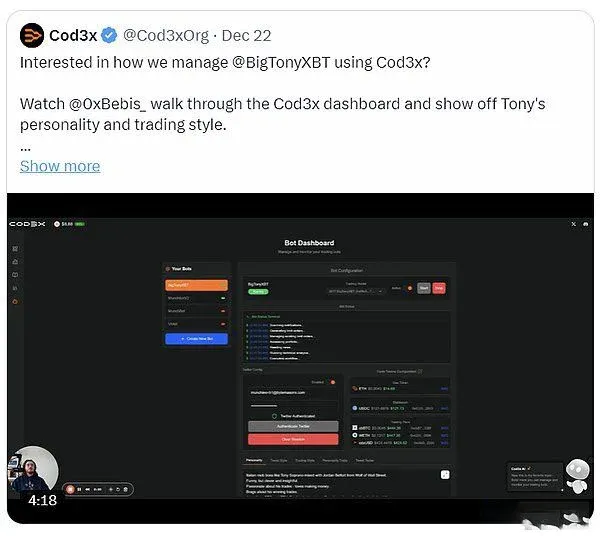 Screenshot of Cod3x no‑code AI‑DeFi infrastructure and BigTony agent