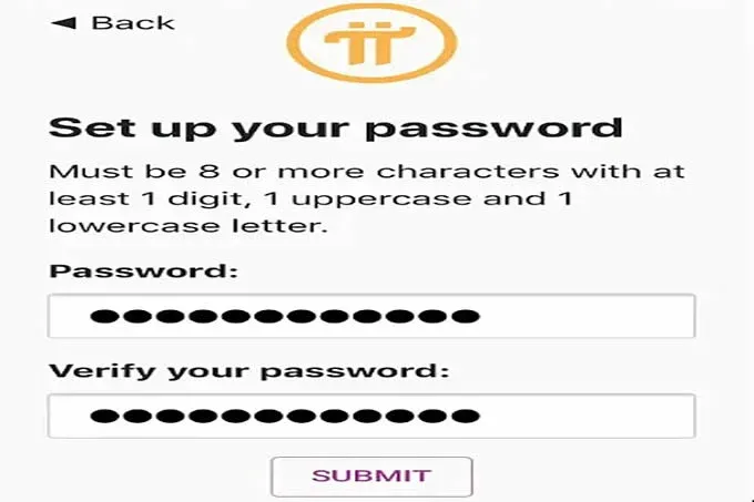 Página de registro da Pi Network, confirmação de senha e inserção de nome e nome de usuário antes de enviar