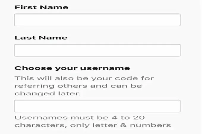 Página de registro da Pi, inserindo nome, nome de usuário, código de recomendação e clicando em enviar