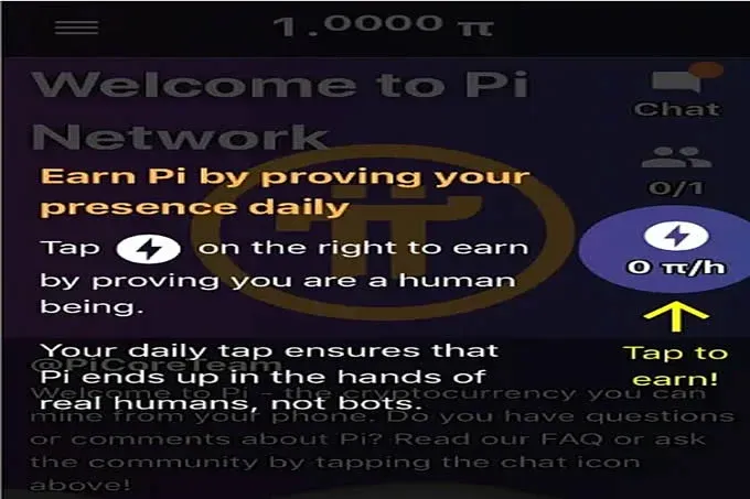 Botão de raio no canto inferior direito da interface do aplicativo Pi Network mostrando o total de Pi acumulado