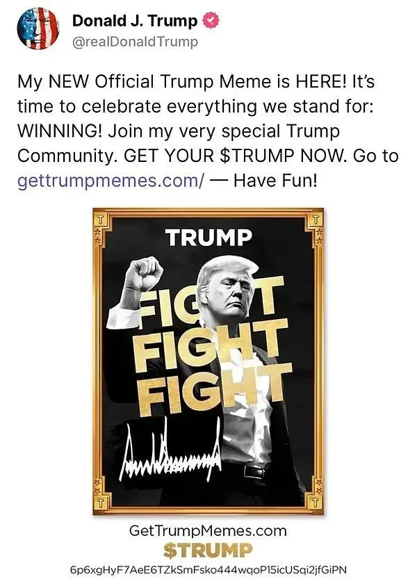 Imagem de Donald Trump ao lado do logotipo do token TRUMP, com gráfico de capitalização de US$ 600 bilhões