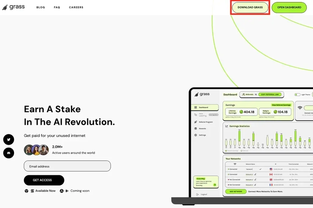 Grass平台首页显示注册入口和下载按钮