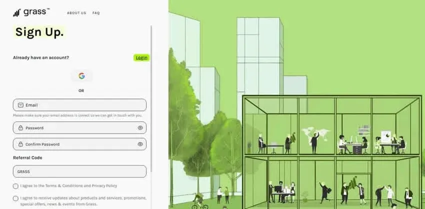 Grass挖矿注册页填写邮箱密码推荐码并点Connect