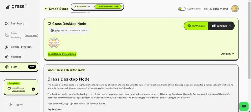 Grass 桌面节点界面 显示挖矿倍率及邀请按钮