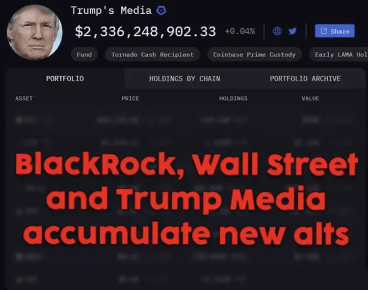 BlackRock、Trump Media 等机构标志与 RWA 代币示意