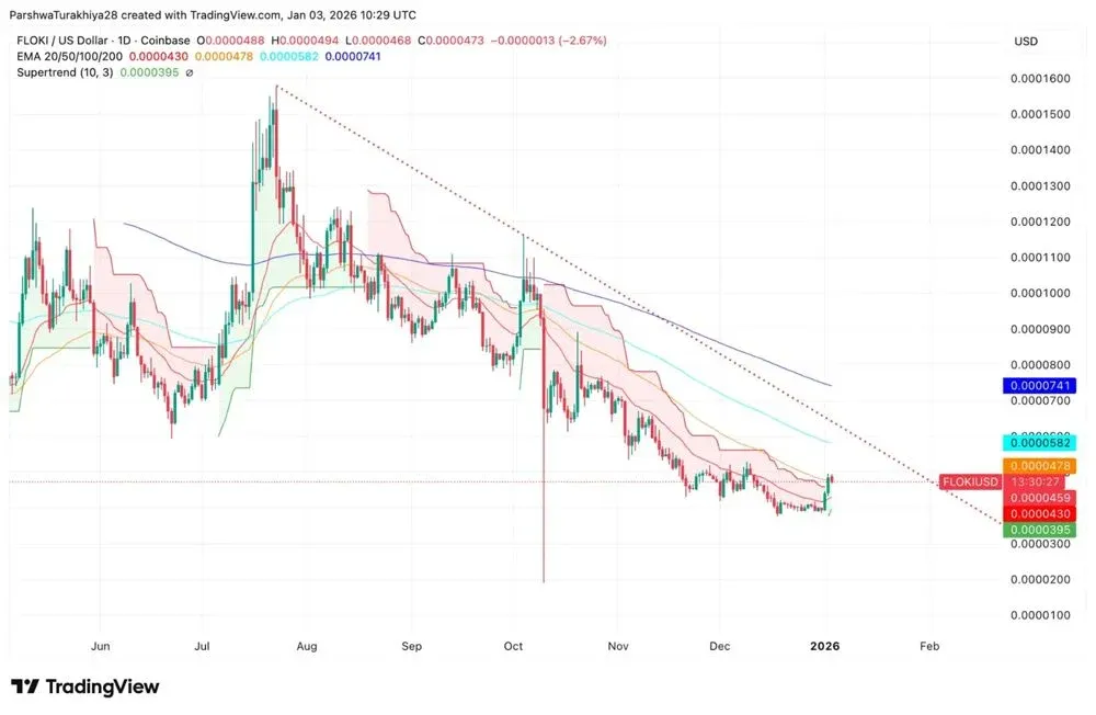 FLOKI coin price descending trend line on TradingView