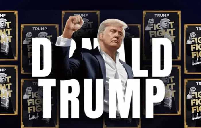 Logotipo do token TRUMP ao lado da imagem de Donald Trump