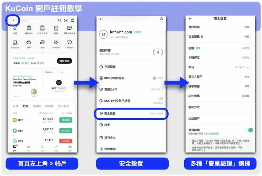 KuCoin 設定頁面的兩步驗證開關