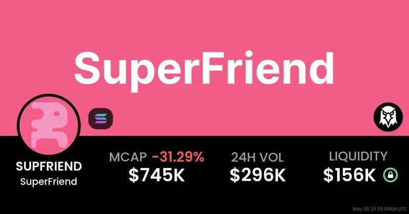 Logotipo do token SuperFriend ao lado do logotipo da Solana