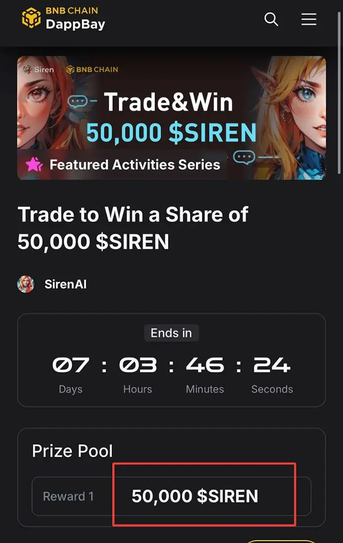 Página del airdrop SIREN en el sitio oficial de BNB Chain con botón para conectar la wallet de Binance