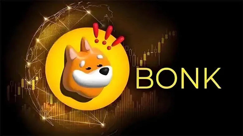 Logotipo de Bonk, cabeza de perro caricaturesca con fondo azul‑verde