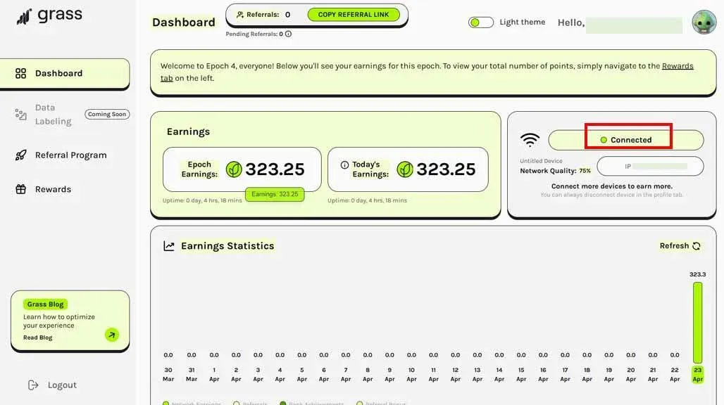 顯示 Connected 狀態的 Grass 挖礦介面