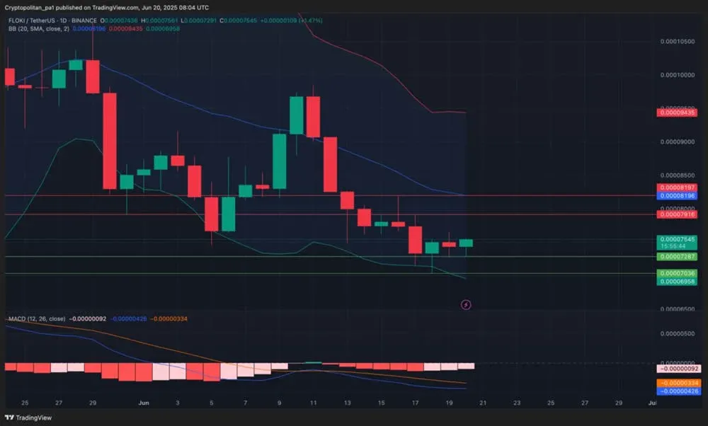 FLOKI/USDT 1日K線圖 標示布林帶 MACD 支撐阻力位
