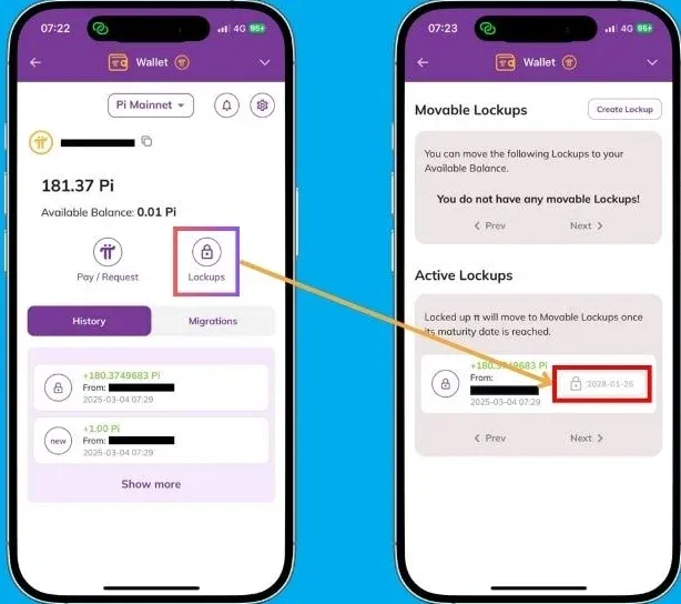 Lockup page showing the amount of locked Pi and their unlock dates