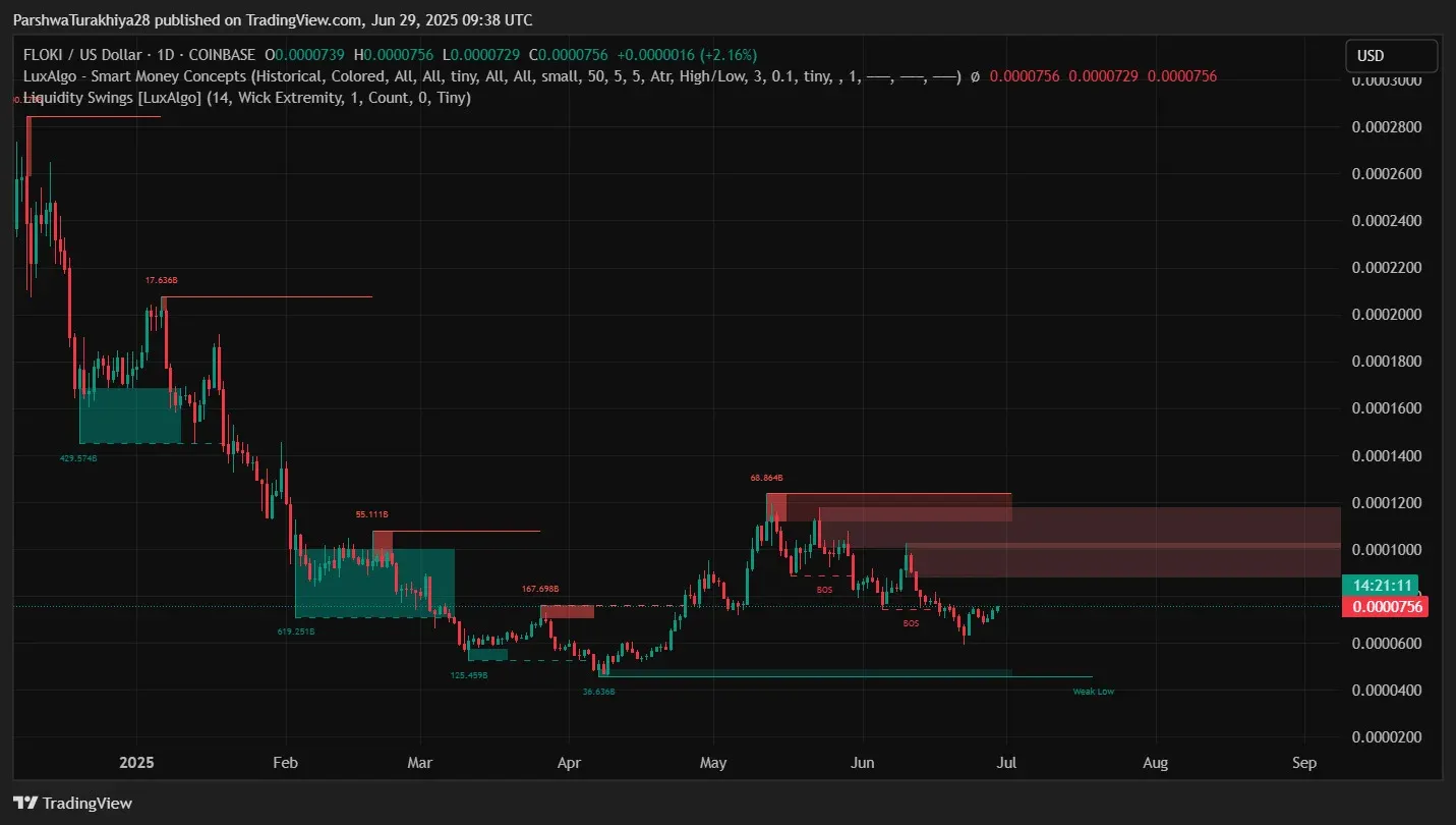 TradingView‑drawn FLOKI price line chart, time on the x‑axis, USD price on the y‑axis, extending to 2025