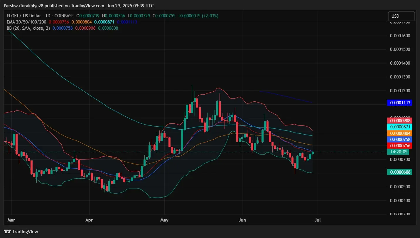 FLOKI price chart with RSI and MACD indicators