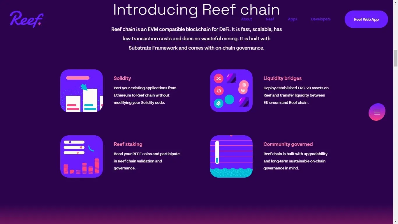 Diagrama da estrutura da Reef Chain mostrando nós e camada de consenso
