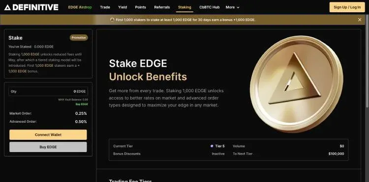 Definitive 平台 EDGE 質押介面顯示鎖定獎勵