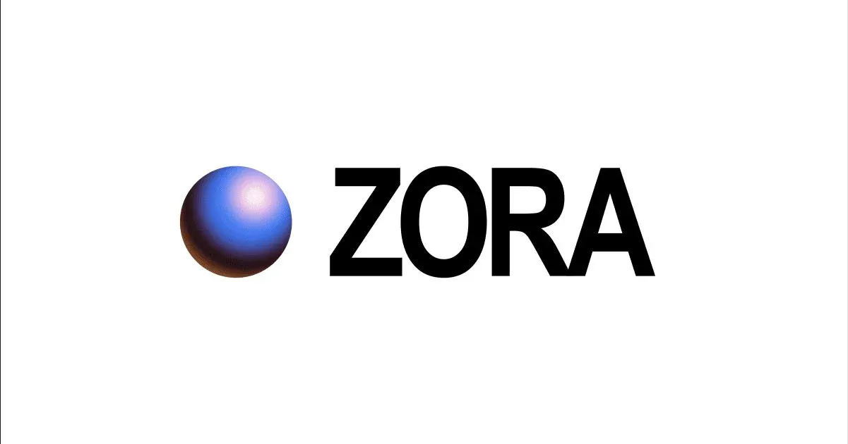 Logotipo de Zora y diagrama de red de nodos blockchain