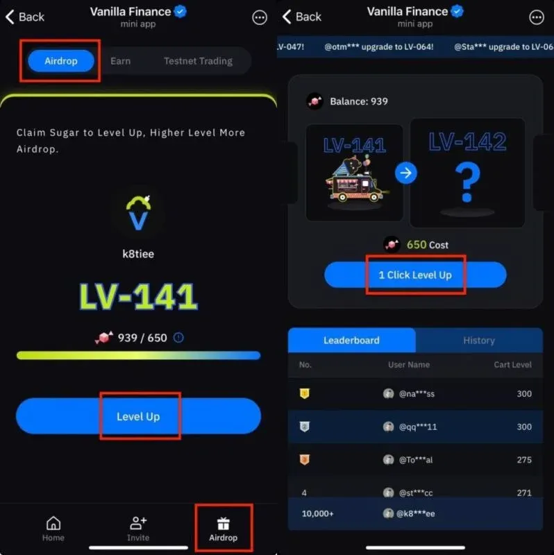 User upgrades Ice Cream Cart with Sugar; higher levels need more Sugar and affect token airdrop potential