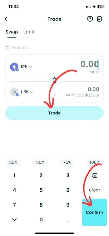 交易介面展示市價單／限價單與 LINK 數量輸入框