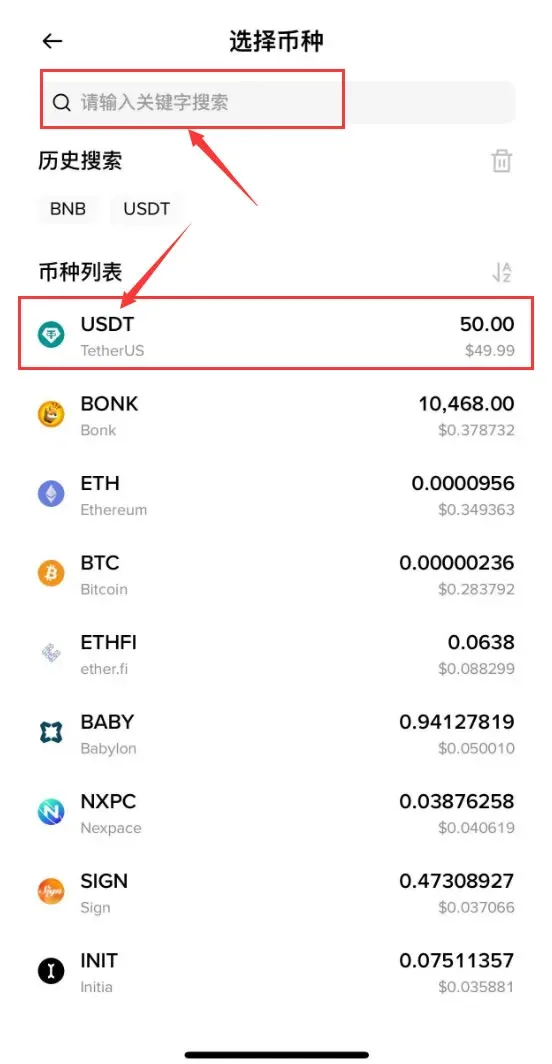 提现页面选择USDT并填写提币信息选择提币方式