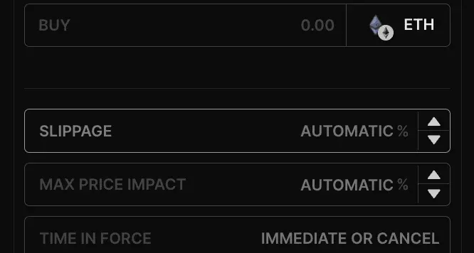 Interface de configuração de Smart Slippage da plataforma Definitive