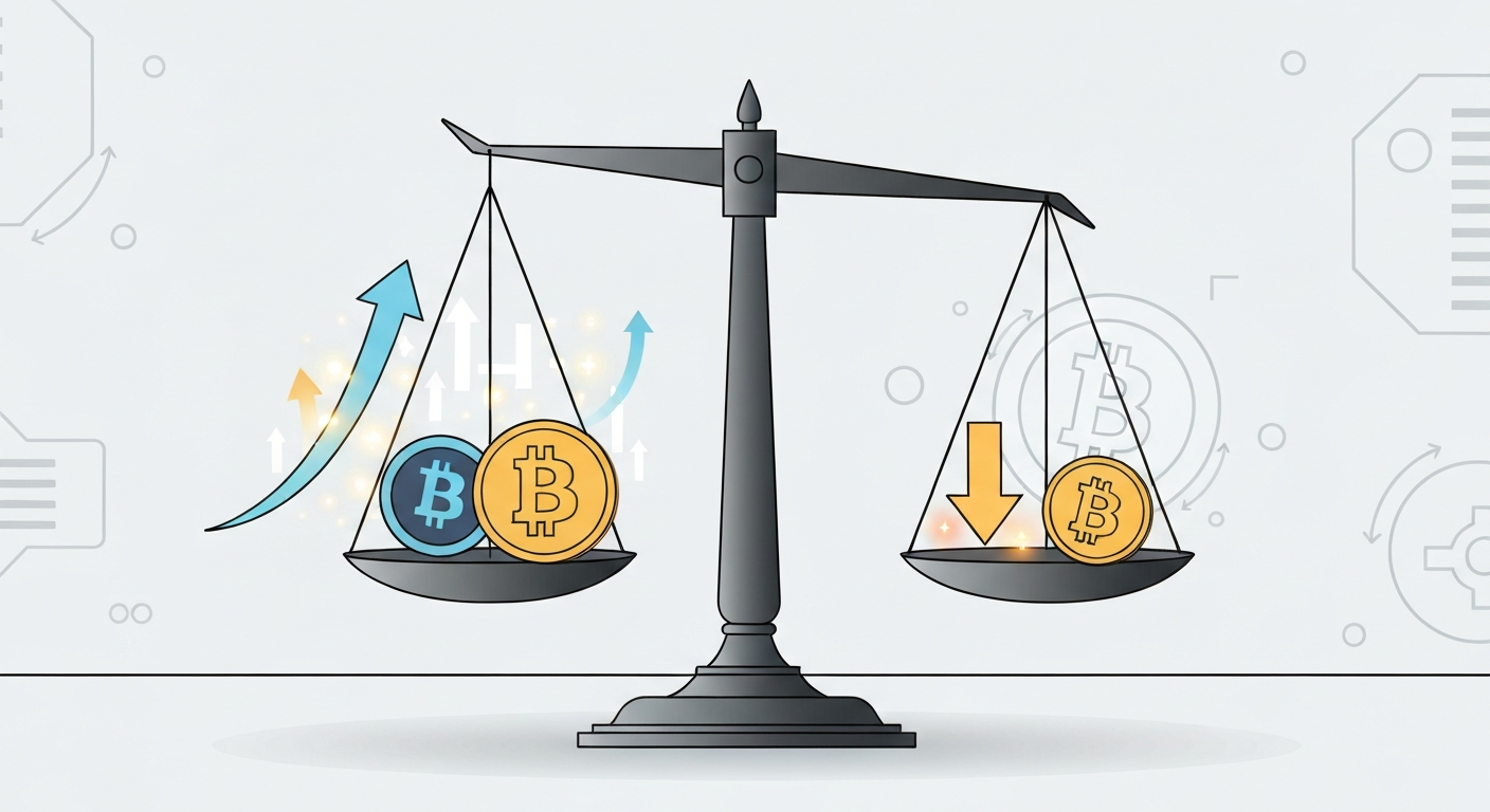 A conceptual illustration of a balance scale with two different cryptocurrencies