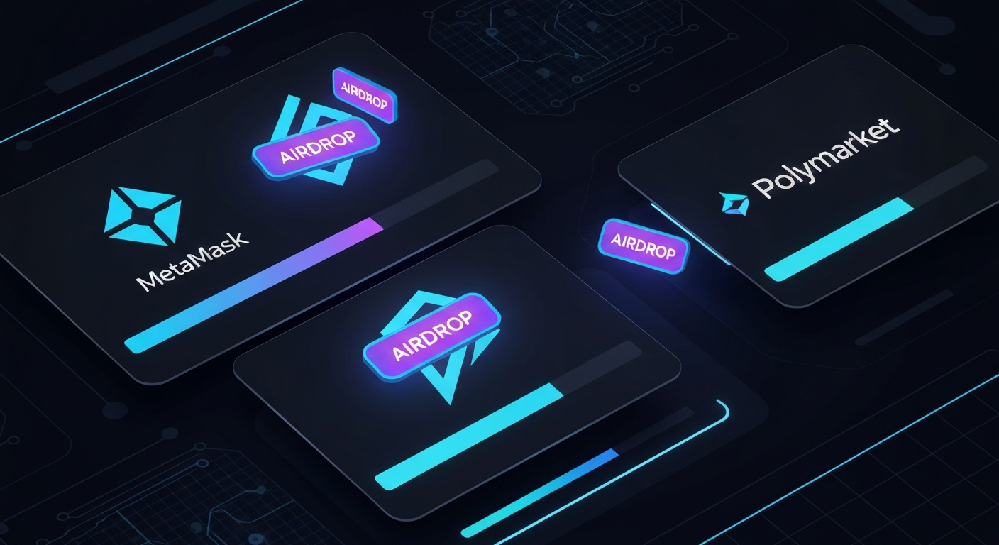 A futuristic digital interface showing various cryptocurrency logos like MetaMas