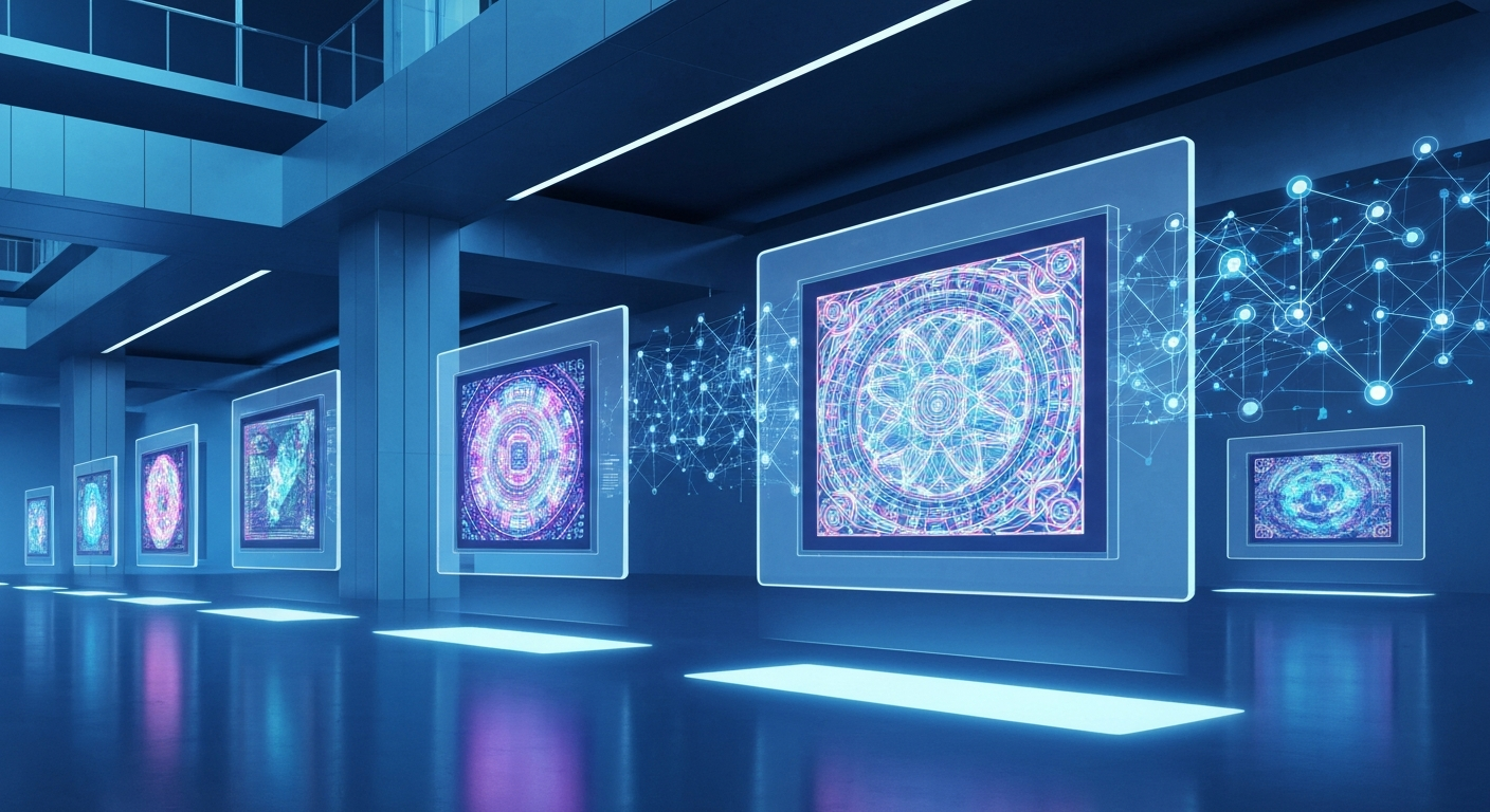 A futuristic digital art gallery showcasing glowing holographic NFT artworks on 