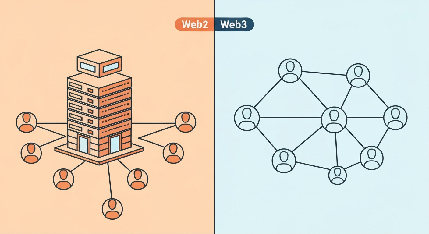 A visual comparison between Web2 and Web3. On one side, Web2 shows a central ser