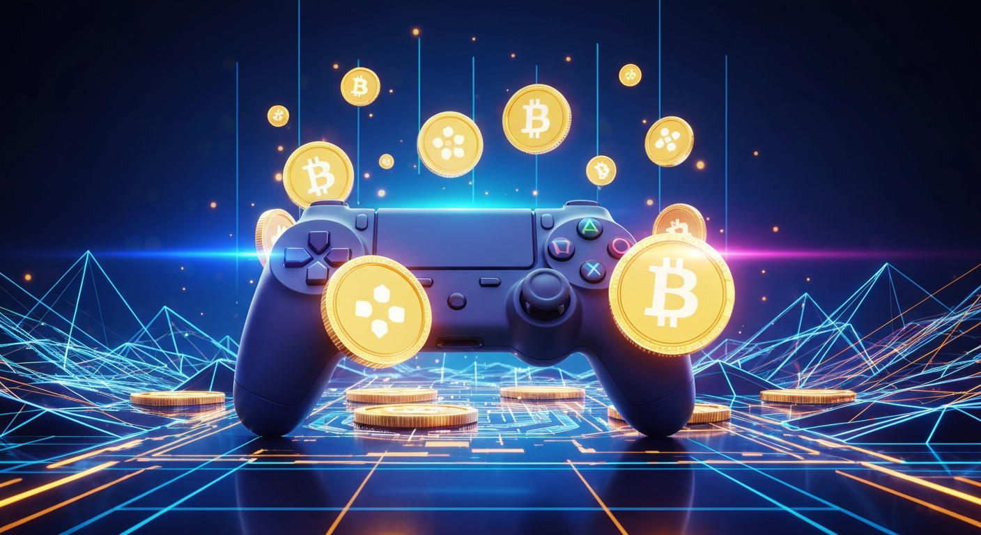 A futuristic digital landscape showing a video game controller merging with gold