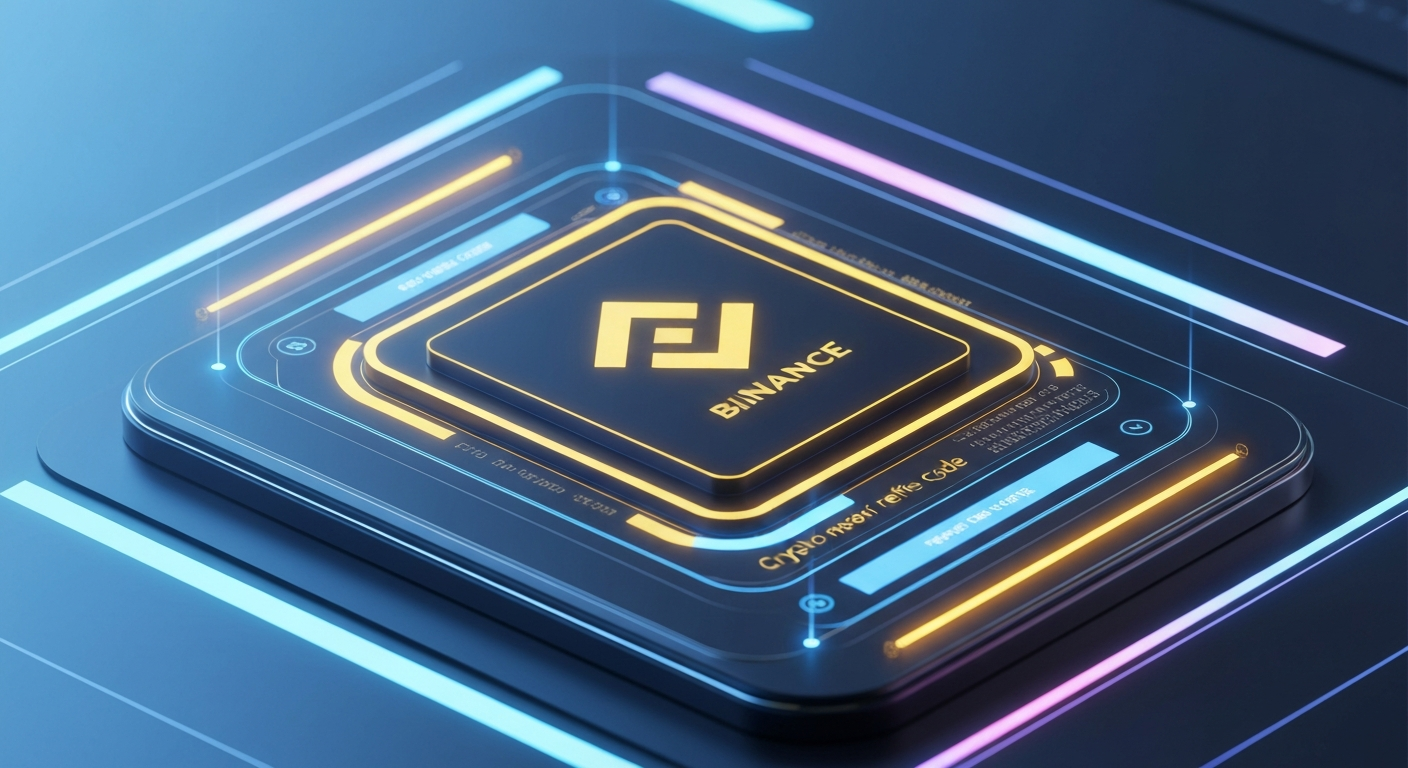 A futuristic digital interface showing a Binance referral code with glowing gold
