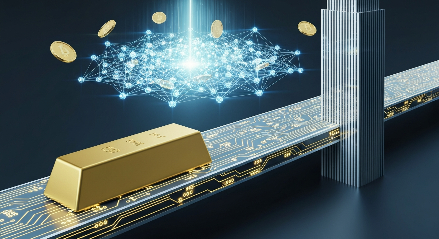 A digital bridge connecting a physical gold bar and a skyscraper to a glowing bl