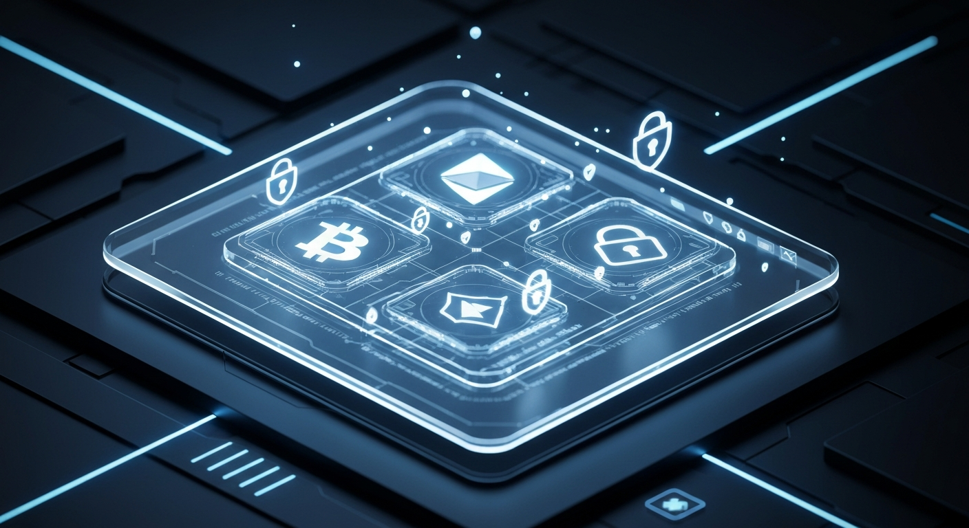 A futuristic and sleek digital crypto wallet interface showing various coins lik