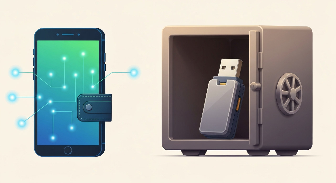 A visual comparison between a digital smartphone wallet (hot wallet) with glowin