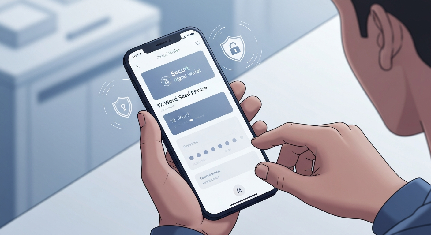 A conceptual illustration of a person entering a 12-word recovery seed phrase in