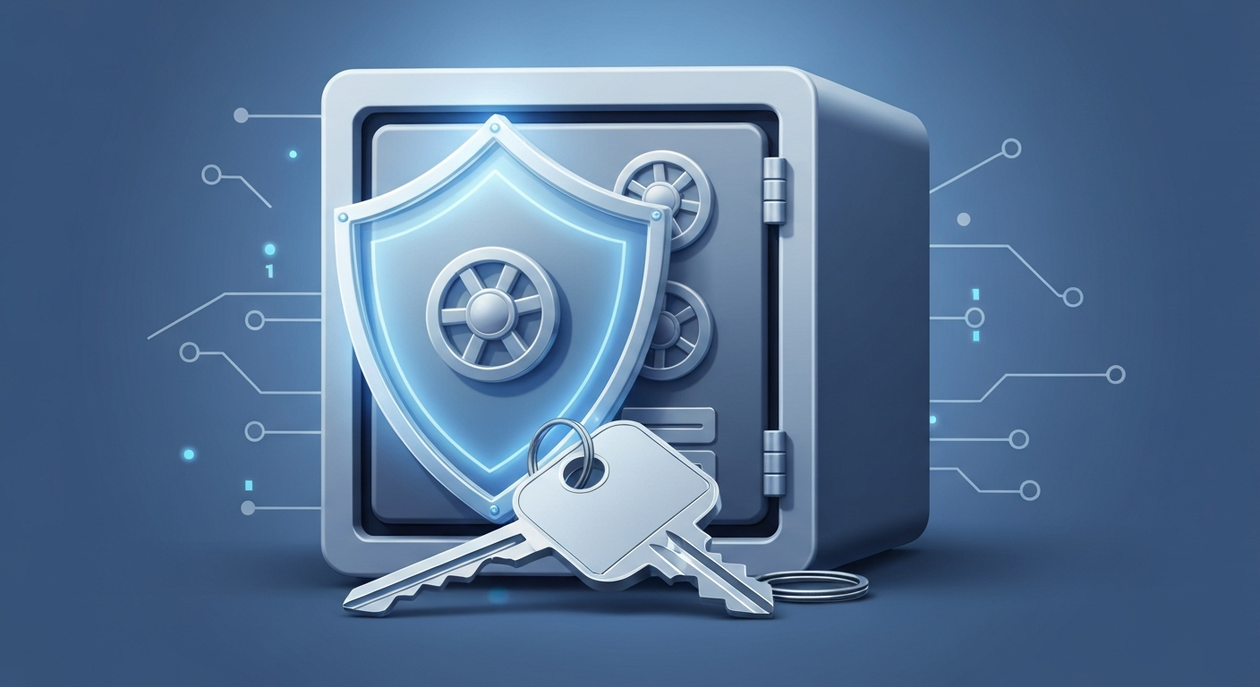 A secure digital vault protecting cryptocurrency icons with a shield and a hardw