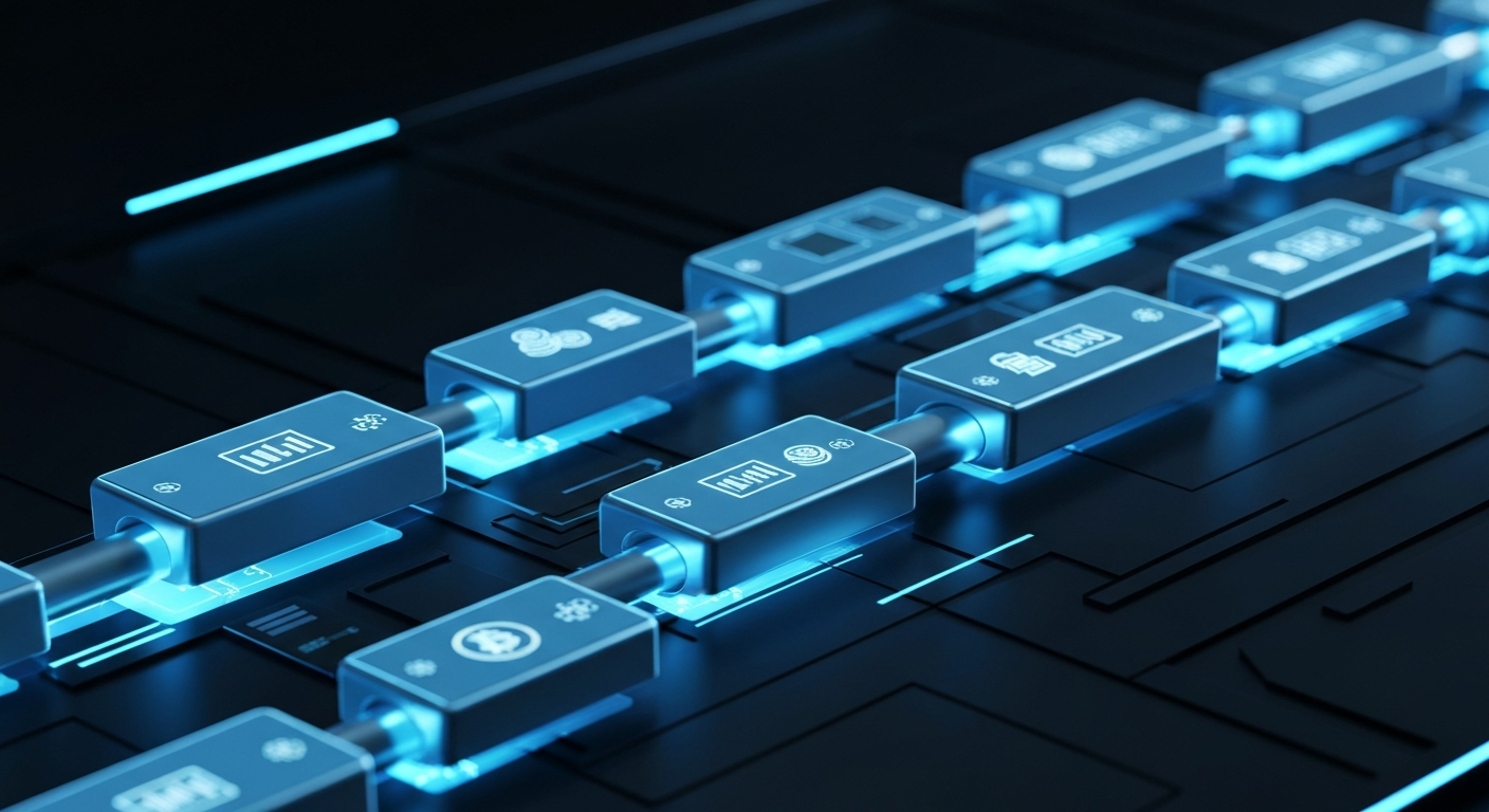 A digital chain made of glowing blue blocks, each containing data icons like coi