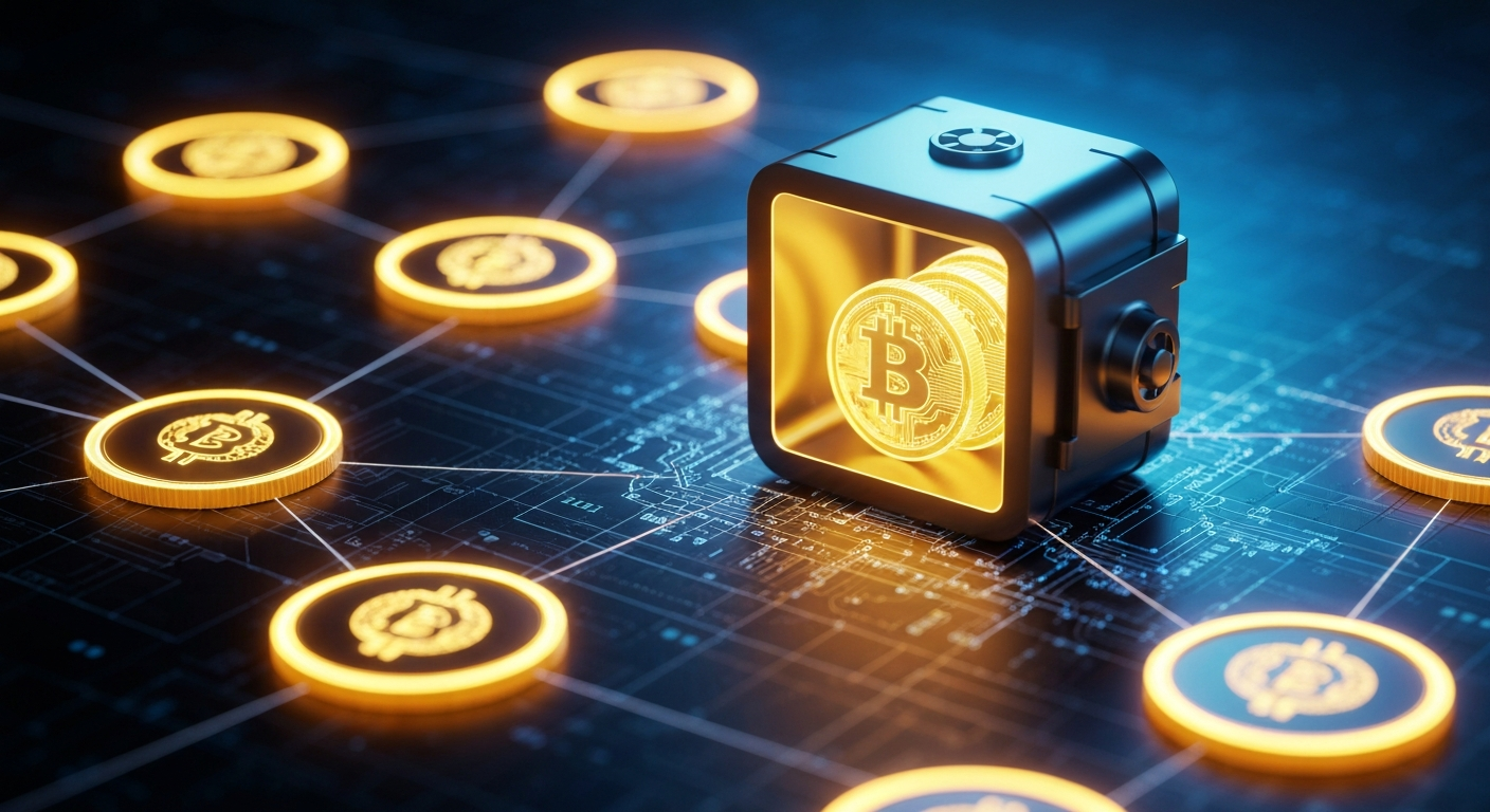 A digital visualization of a blockchain network where nodes are represented by g