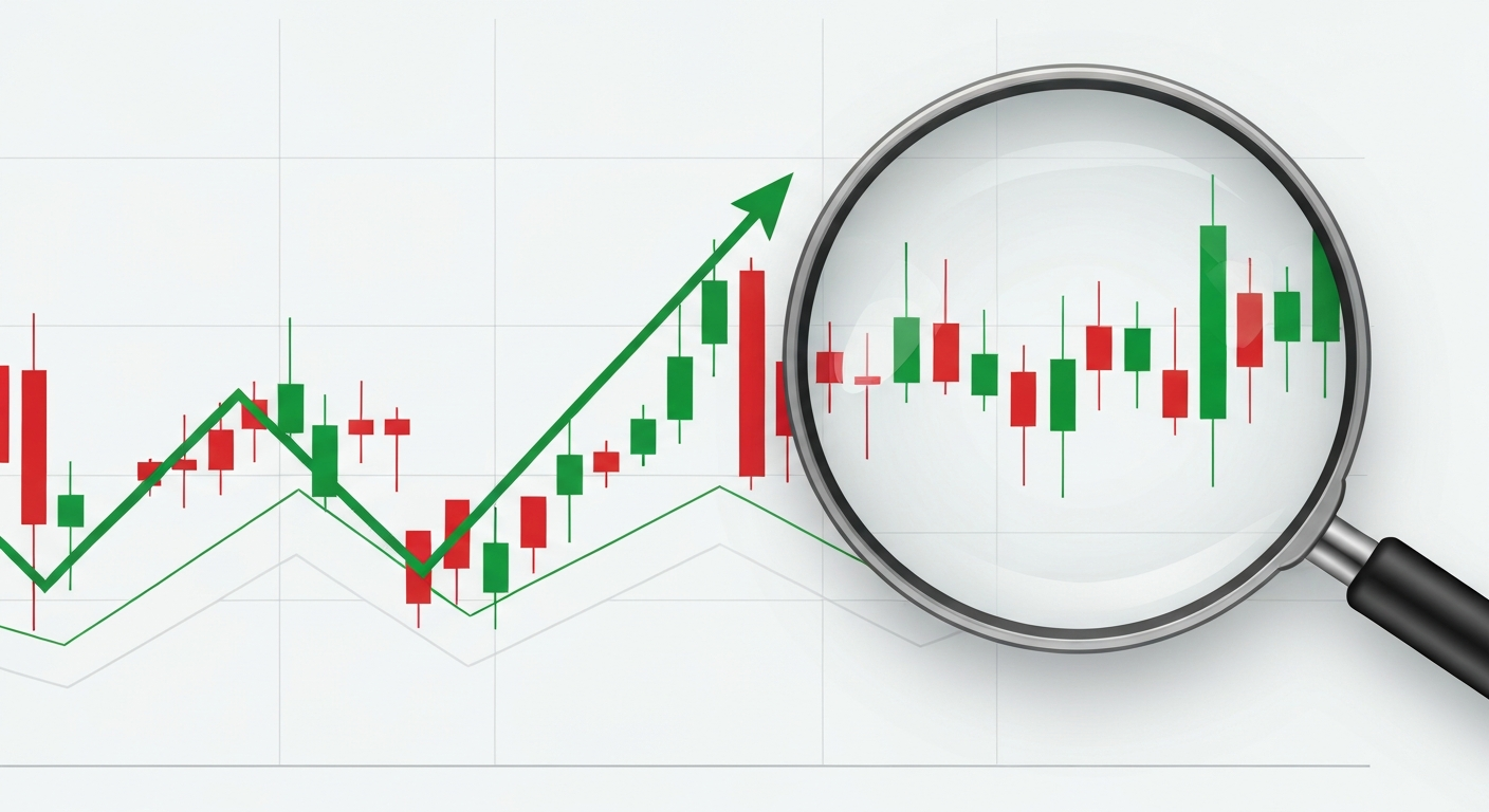 A clean financial chart with green and red candlesticks, a trendline going up, a