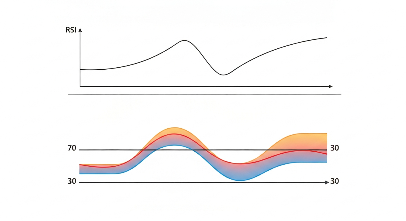 A financial chart showing a price line at the top and the RSI oscillator at the 