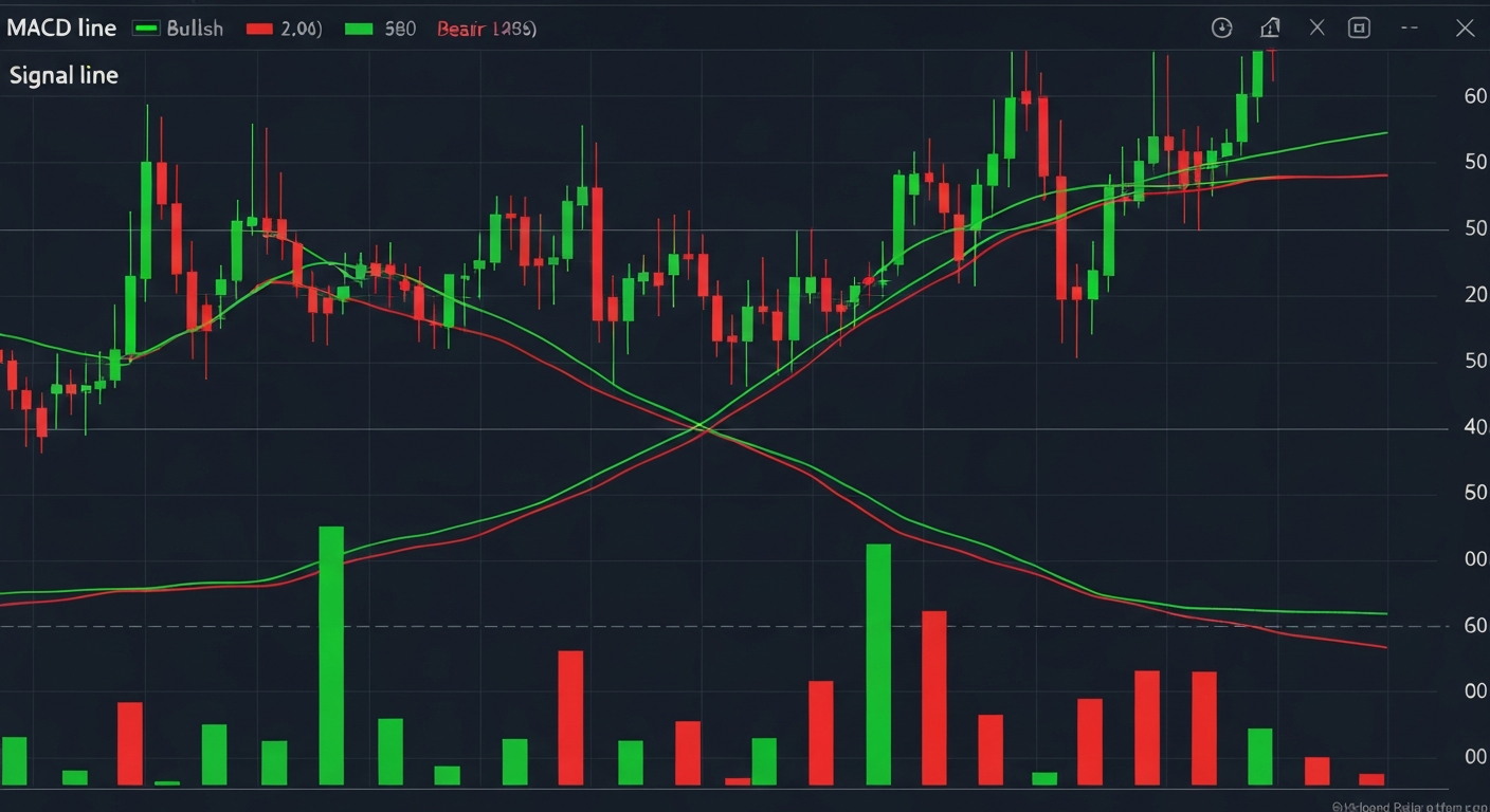A professional trading chart showing the MACD indicator at the bottom with its t
