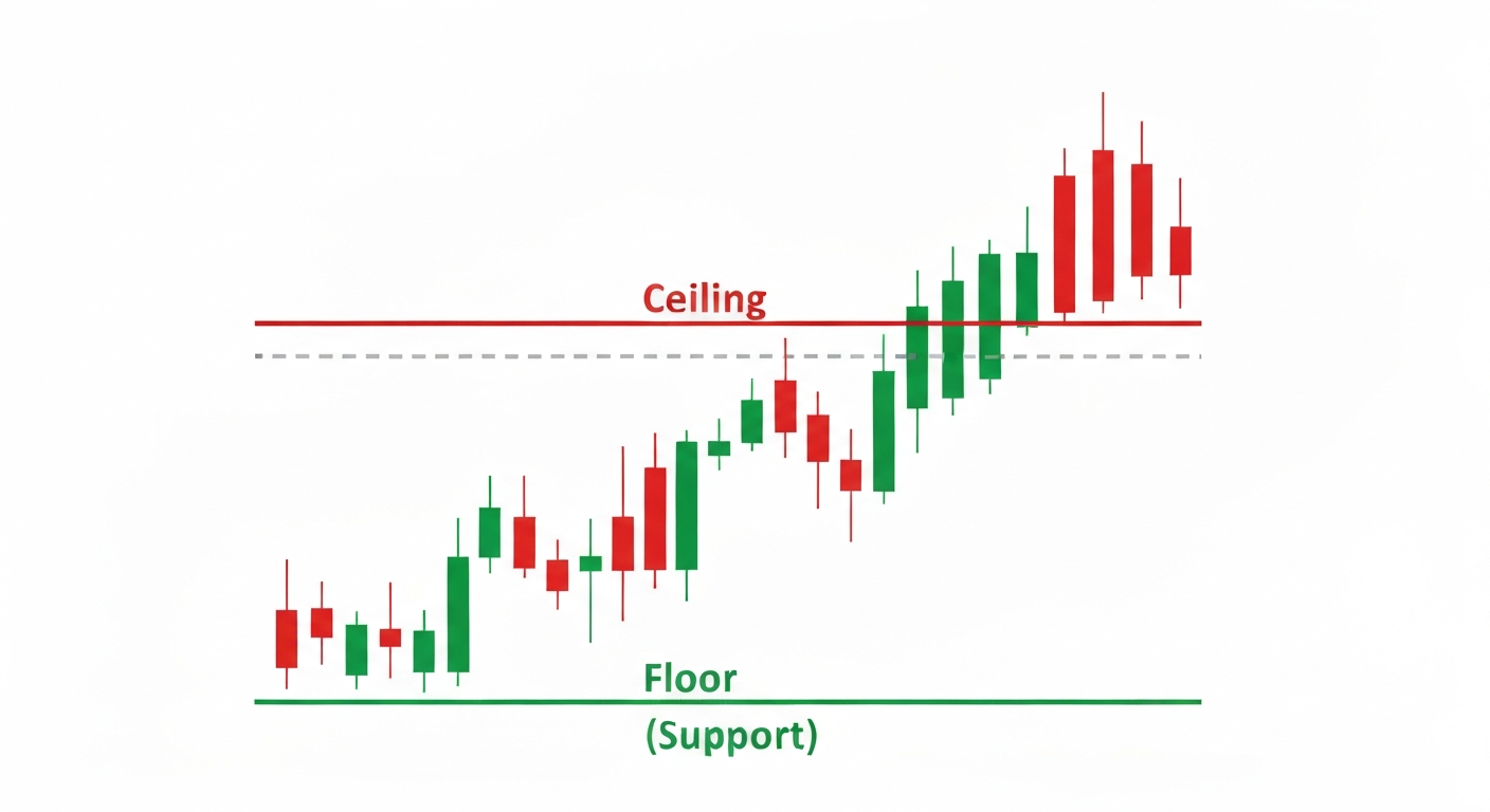 A financial candlestick chart showing a clear horizontal line at the bottom wher