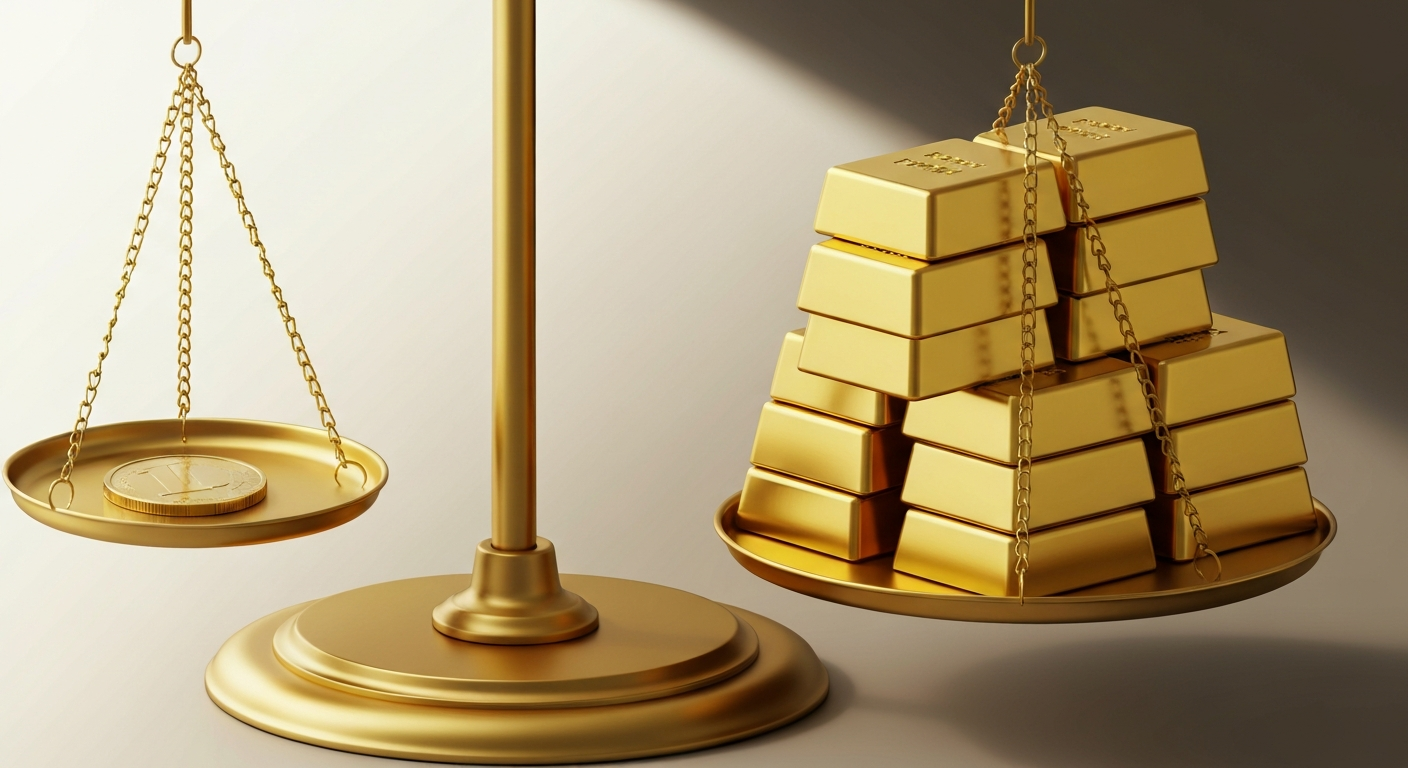 A financial scale showing a small coin on one side lifting a large stack of gold